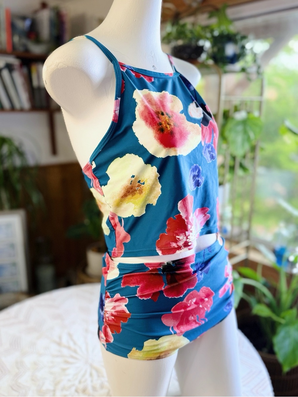 NWOT SHEIN Floral Tankini Swimsuit Set Blue Pink Watercolor Floral XL